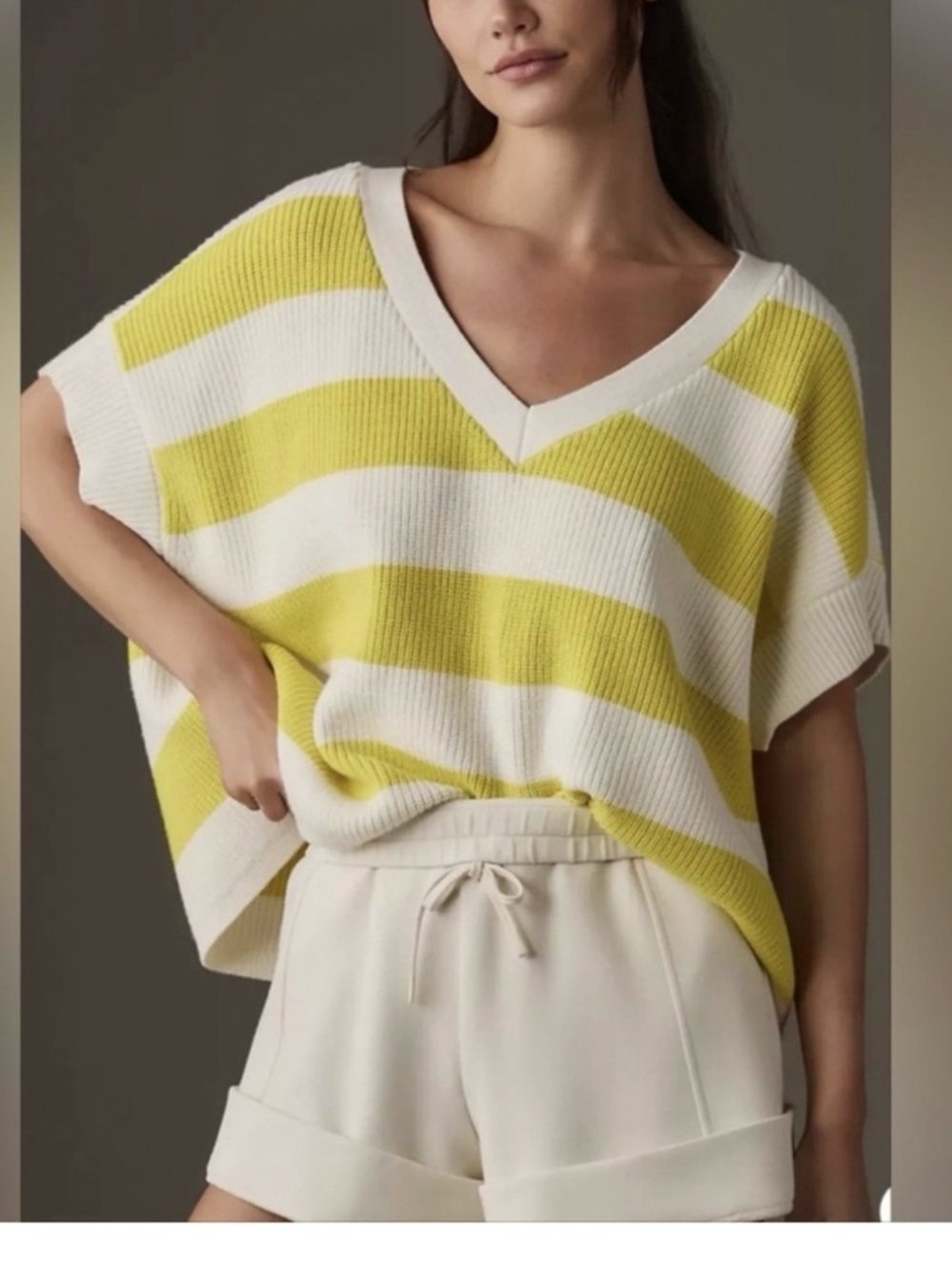 Maeve Yellow & White Striped V-Neck Knit Top size Xs